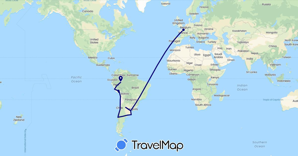 TravelMap itinerary: driving in Argentina, Chile, Colombia, France, Peru (Europe, South America)